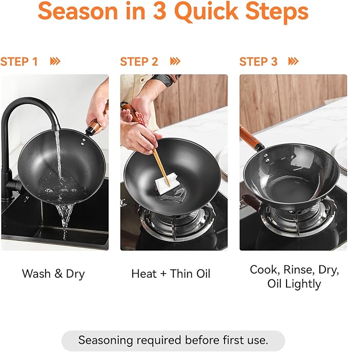 WANGYUANJI Carbon Steel Wok Pan - 10 Inch Nitrided Rust Resistant Stir Fry Pan, Flat Bottom Deep Iron Skillet with Lid, Lightweight Induction Cookware for 1-2 People, No Chemical Coating (26cm)