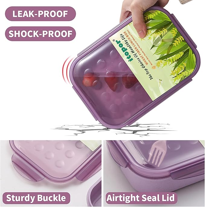 Wheat Straw Lunch Box, Leakproof 3-Compartment Bento Box for Kids & Adults, BPA-Free, Microwave & Dishwasher Safe, 5.5 Cup/1400 ml, Purple