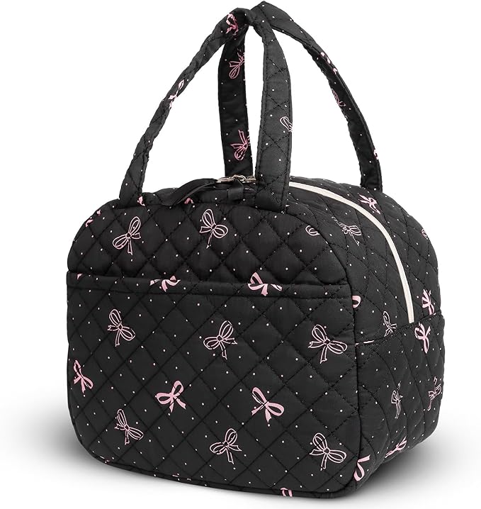 Quilted Lunch Box for Women,Coquette Aesthetic Lunch Box for Teen Girls,Cute Floral Lunch Bags for Work, School,Office,Picnic,Travel (black bow polka dots)