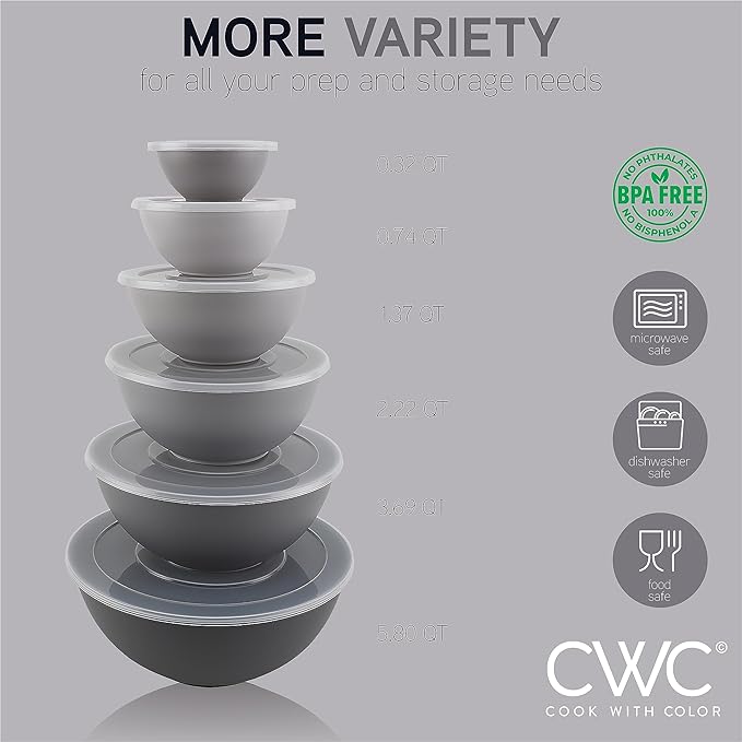 COOK WITH COLOR Mixing Bowls with Lids - 12 Piece Plastic Nesting Bowls Set includes 6 Prep Bowls and 6 Lids, Microwave Safe Mixing Bowl Set, Multicolor