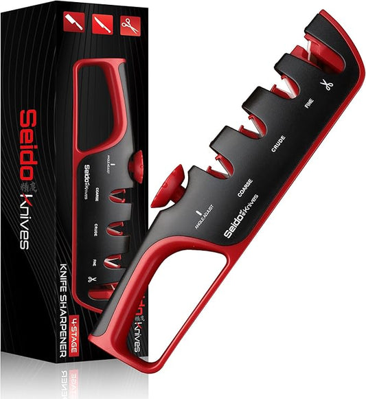 4-Stage Professional Knife Sharpener - Adjustable Angle Guide and Scissor Sharpening Slot