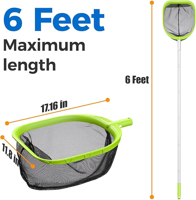【Upgrade】 Pool Net Total Length 6 Feet, Swimming Pool Skimmer Net with 6 Section Telescopic Aluminum Pole for Fast Cleaning Ponds, Hot Tub, and Spas, Pool Cleaner Supplies and Accessories