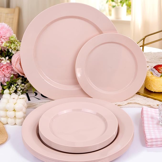 FLOWERCAT 200PCS Pink Plastic Plates Disposable Plates for Party - Heavy Duty Plastic Plates - 100 10" Pink Dinner Plates and 100 7" Pink Salad Plates for Weddings, Easter Parties,Mother's Day