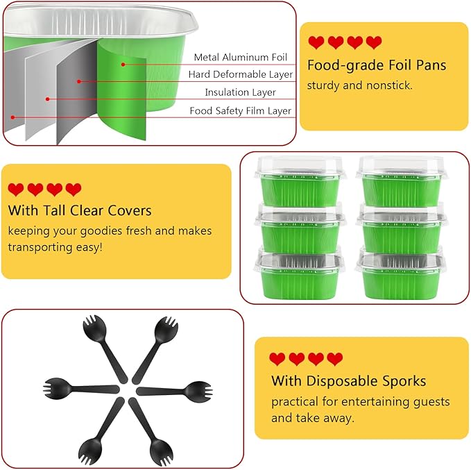 LNYZQUS 10oz Mini Cake Pans With Lids 40 Pack, Aluminum Foil Small Baking Tins,Disposable 4”x4” Large Cupcake Cups Containers,Jumbo Muffin Tin Ramekins Bread Holders-Green