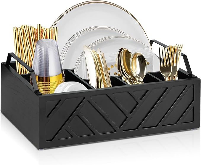 Paper Plate Dispenser and Holder for Kitchen Counter, Wood Rustic Silverware Utensil Caddy, Cutlery Flatware Organizer Box for Cups Spoons Forks Napkins, Kitchen Accessories