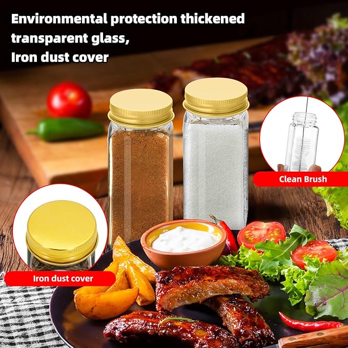 2Pcs 4oz Glass Spice Jars with Shaker Lids, Spice Jars Trial Set & Supplement Set, Empty Spice Containers and Square Spice Bottles for Kitchen (Gold iron Lids)