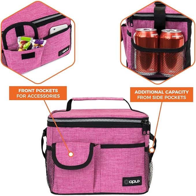 opux Insulated Lunch Bag for Men Women, Leakproof Heather Pink Lunch Box for Work, Portable Soft Lunch Cooler Bag with Shoulder Strap, Adult Lunchbox Lunch Pail for Kid Boy Girl School, 14 Can/8L