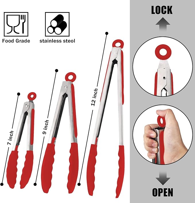 Kitchen Tongs with Silicone Tips, Kitchen Tongs, Cooking Tongs, Premium Stainless Steel Locking Cooking Tongs, Non-Slip Food Tongs for Cooking, Heavy Duty, Non-Stick, 480℉, Set of 3-7"/9"/12" Red