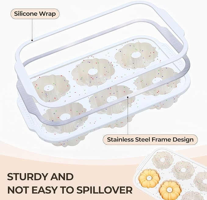 FUNBAKY Mini Fluted Tube Cake Pans for Baking with Metal Reinforced Frame, 2Pcs Silicone 6-Cavity Mini Flan Molds, Nonstick Baking Mold for Cupcake, Brownie, Donuts, Cornbread, Jello