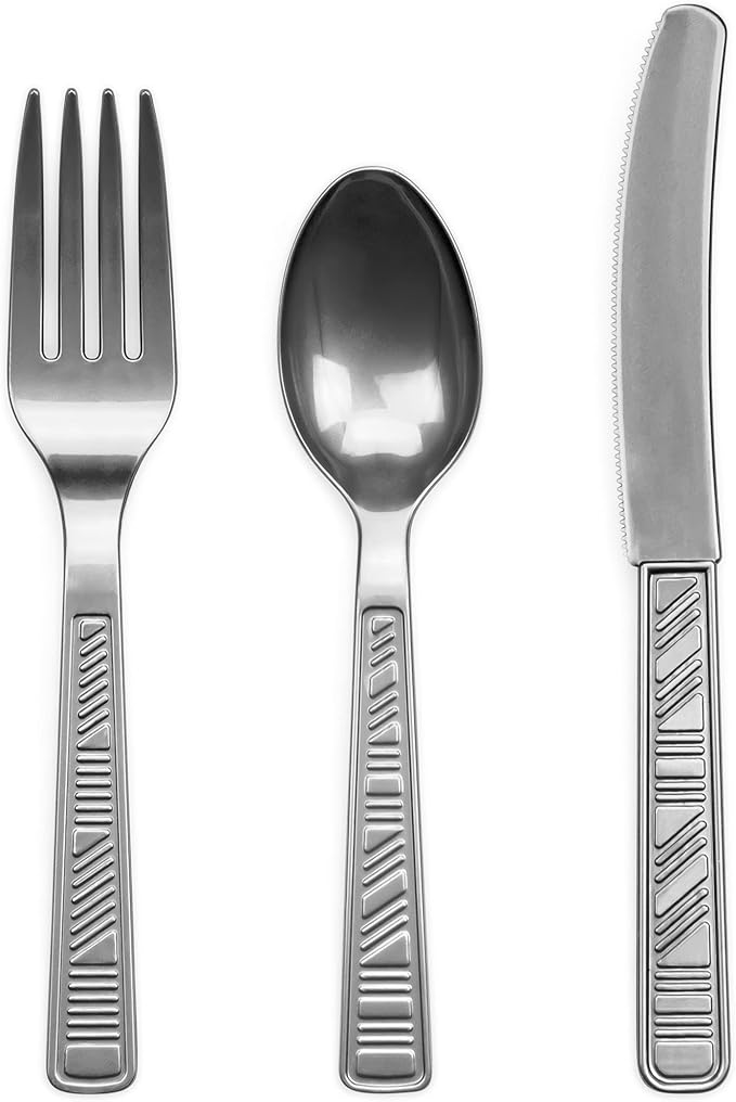 DecorRack Plastic Cutlery Set, Silver Colored Plastic Silverware Sets for Parties, 96 Piece Bulk Heavy Duty Utensils (Silver, 96 Pieces)