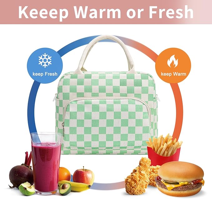 Lunch Box for Women Insulated Lunch Bag Women Adult Cute Lunch Bags Reusable Lunchbox Cooler Tote Bag for Work Picnic (Green Plaid)