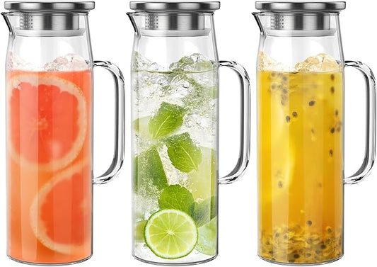 3 Sets Glass Pitcher with Lid, 50 oz / 1500 ml Water Carafe with Handles Hot Cold Beverage Water Jar Glass Jug (Stainless steel lid)