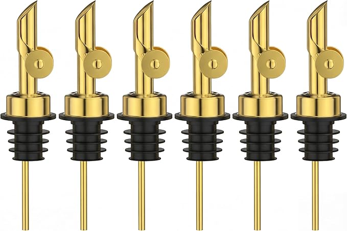 Auto Flip Liquor Pour Spouts 6-Pack, Leak-Proof 304 Stainless Steel Wine Pourer & Olive Oil Dispenser with Food-Grade Silicone for Kitchen, Bar, Restaurant (Gold)