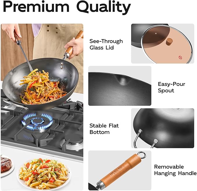 WANGYUANJI 12.6" Carbon Steel Wok with Glass Lid, Traditional Uncoated Flat Bottom Stir Fry Pan for Induction & Gas, Heavy Duty Chinese Chef Wok with Cleaning Accessories (32cm)