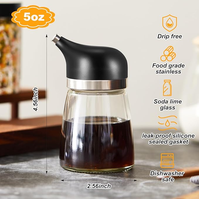 2 Pcs Cruet Dispenser Set 5 oz, White and Black Glass Soy Sauce Dispenser, Small Olive Oil and Vinegar Bottles, Soy Sauce Bottle, Non Drip Spout Cruet Bottle for Kitchen Cooking