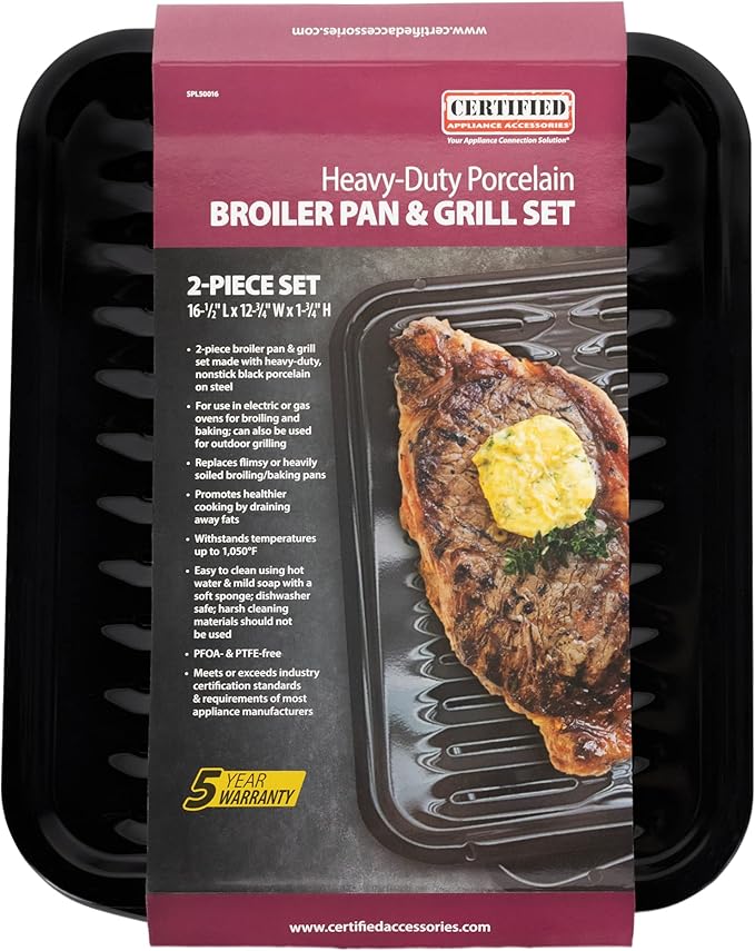 Certified Appliance Accessories Large 2-Piece Broiler Pan & Grill Set Porcelain-on-Steel 16-1/2"x12-3/4"x1-3/4", Universal, Whirlpool, Broiler Pan for Oven, Black