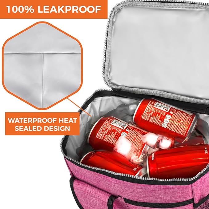 opux Insulated Lunch Bag for Men Women, Leakproof Heather Pink Lunch Box for Work, Portable Soft Lunch Cooler Bag with Shoulder Strap, Adult Lunchbox Lunch Pail for Kid Boy Girl School, 18 Can/10L