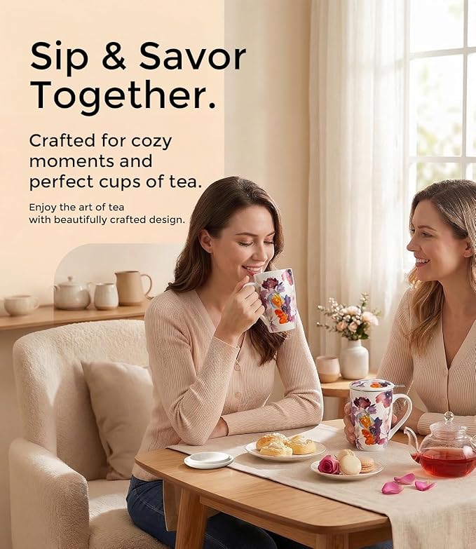 AmorArc Porcelain Tea Mug with Infuser and Lid – 18oz Loose Leaf Tea Cup with Handle, Gift for Tea Lovers (Men & Women)