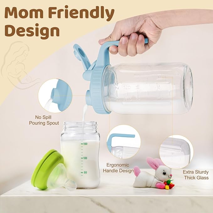 Breast Milk Pitcher with Leak Proof Flip Cap & Pour Spout, 32 oz Wide Mouth Mason Jars for Breast Milk Storage Container, Glass Picther with Lid for Cold Brew Coffee, Sun Tea, Juices, Pink
