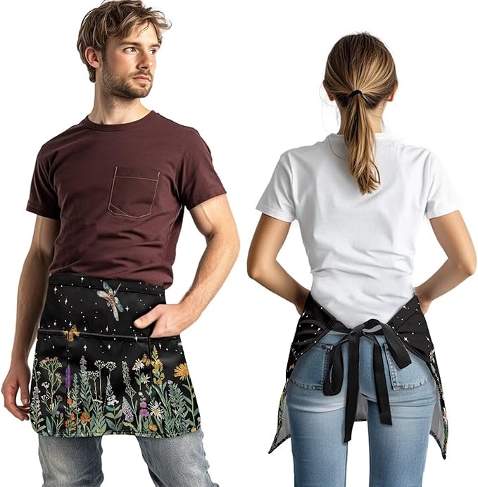 Server Waitress Waist Apron with 3 Pockets, Short Aprons for Servers,Waiter Apron For Waiter Accessories