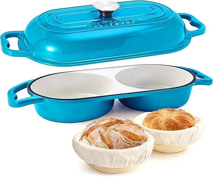 DIY Double Dutch Oven for Sourdough Bread Baking – Enamel Cast Iron Bread Baker with Lid, Bake Two Different Loaves at Once, 500°F Oven Safe, Includes 2×5" Banneton Proofing Baskets