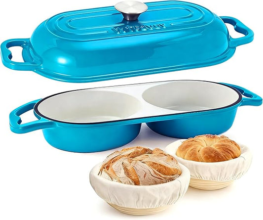 DIY Double Dutch Oven for Sourdough Bread Baking – Enamel Cast Iron Bread Baker with Lid, Bake Two Different Loaves at Once, 500°F Oven Safe, Includes 2×5" Banneton Proofing Baskets
