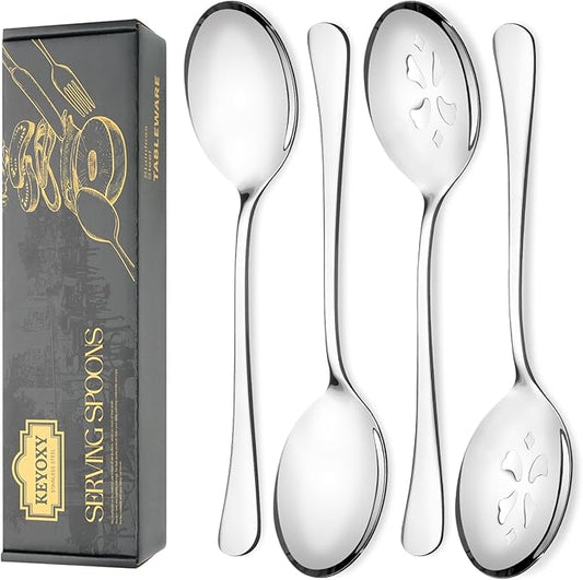 4 Piece Stainless Steel Serving Spoon Set - 2 Large, 2 Slotted,Dishwasher Safe,10-Inch, for Parties/Kitchen/Buffet/Catering
