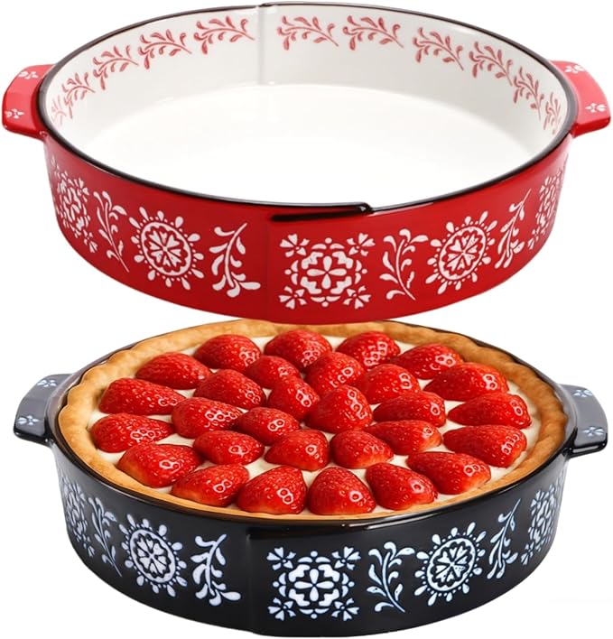 2 Pack Ceramic Baking Dish, 9 Inch Non-Stick Pie Pan with Double Handle, 44 Oz Deep and Fluted Pie Plate for Apple Pies, Quiche, Cake, Tart, Oven Microwave Dishwasher Safe, Red, Blue