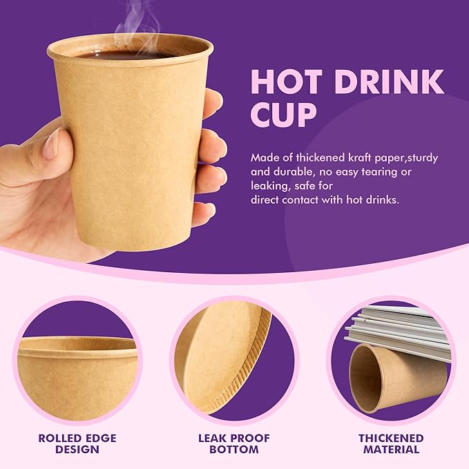 8 oz 200 Pack Disposable Paper Cups, Kraft Coffee Cups, Brown Paper Disposable Hot Cups for Coffee, Tea, Cocoa, Water