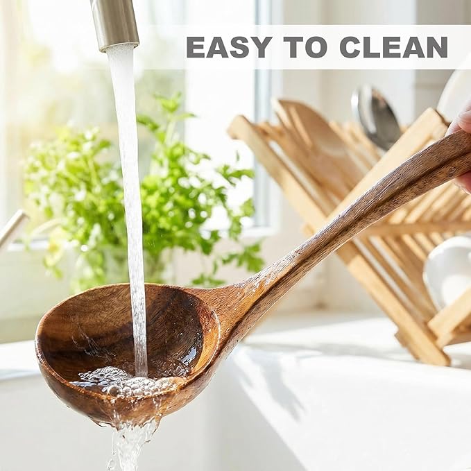 Wooden Soup Ladle, Non-Toxic Non-Scratch Natural Acacia Wood Serving Spoon for Soup, Gravy, Sauces & Porridge, Ideal for Home Dining, Buffets & Daily Meals, 7.48 Inch