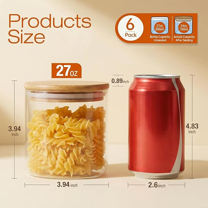 Glass Jars with Bamboo Lids 27 FL OZ [Set of 6], Glass Canisters with Airtight Lids, Glass Food Storage Containers for Coffee, Sugar,Tea, Candies, Cookies,Best for Kitchen & Pantry