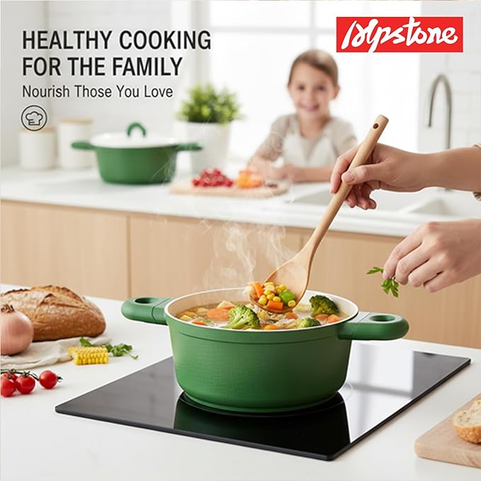 Alpstone 4QT Nonstick Stock Pot with Lid, Ceramic Casserole with Die-cast lid, Non-toxic Kitchen Soup Pot, Family Cooking Pots PFAS and PFOA Free (Green Color)