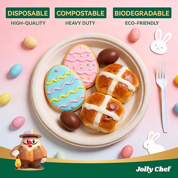 JOLLY CHEF Compostable Heavy Duty Plates 𝟭𝟬 𝗜𝗻𝗰𝗵 [𝟭𝟮𝟱 𝗣𝗮𝗰𝗸] Eco-Friendly Disposable Paper Plates Natural Bagasse Biodegradable Sugarcane Bulk for Party Hot Cold Dinner Christmas (Brown)