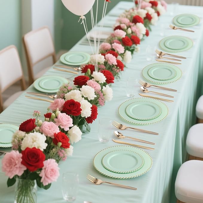EI 60pcs Green Plastic Plates with Gold Rim,Disposable Heavy Duty Sage Green and Gold 10" Dinner & 7" Dessert Plastic Plate for Birthday,Afternoon Tea,Wedding,Spring,Valentine's Day,Easter