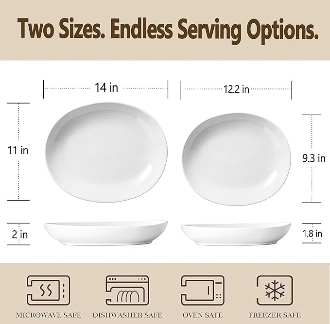 Oval Serving Platters Set of 2 (14" & 12"), Large Deep Ceramic Serving Dishes for Entertaining, Turkey, Fish, Salad, Oven Safe White Porcelain Serving Plates