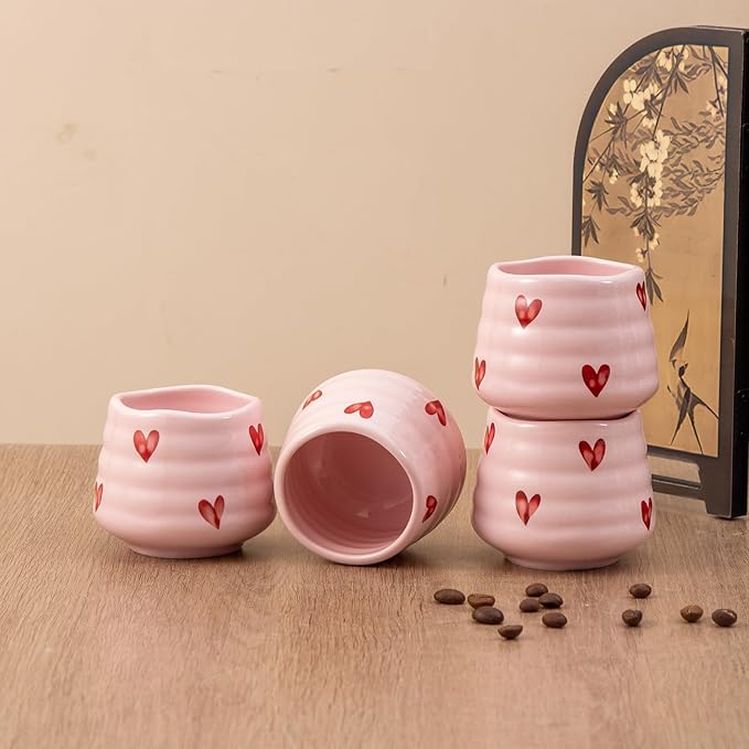 4pcs Japanese Tea Cup Set – 160ml 5.4OZ Ceramic Matcha Cup, Small Handless Espresso Cups, Cute Coffee Mugs for Girls (Pink Love)