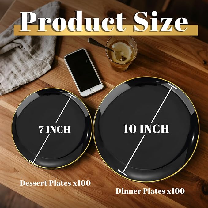 KIRE 200Pcs Black Plastic Plates - Black and Gold Plates Disposable for Party - Include 100 for Dinner and 100 for Dessert for Birthday/Wedding