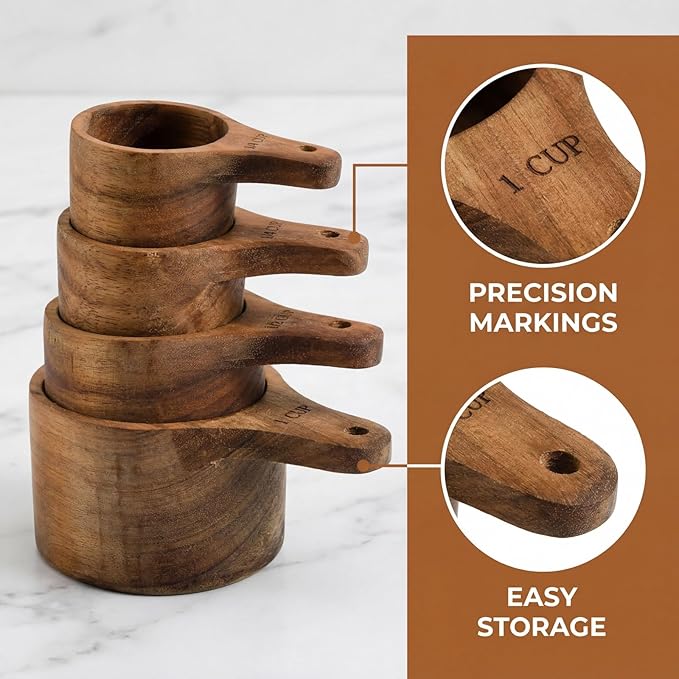 Lyellfe Set of 4 Acacia Wood Measuring Cups, Stackable Kitchen Measure Tool with Handle, Baking and Cooking Measuring Set, Handcrafted with Polish Finish, 4 Size