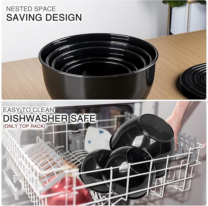Plastic Mixing Bowls with Lids Set for Kitchen, Nesting Bowls for Mixing, Baking, Prepping, Cooking and Serving Food, Mixing Bowls Dishwasher, Microwave Safe (Black)