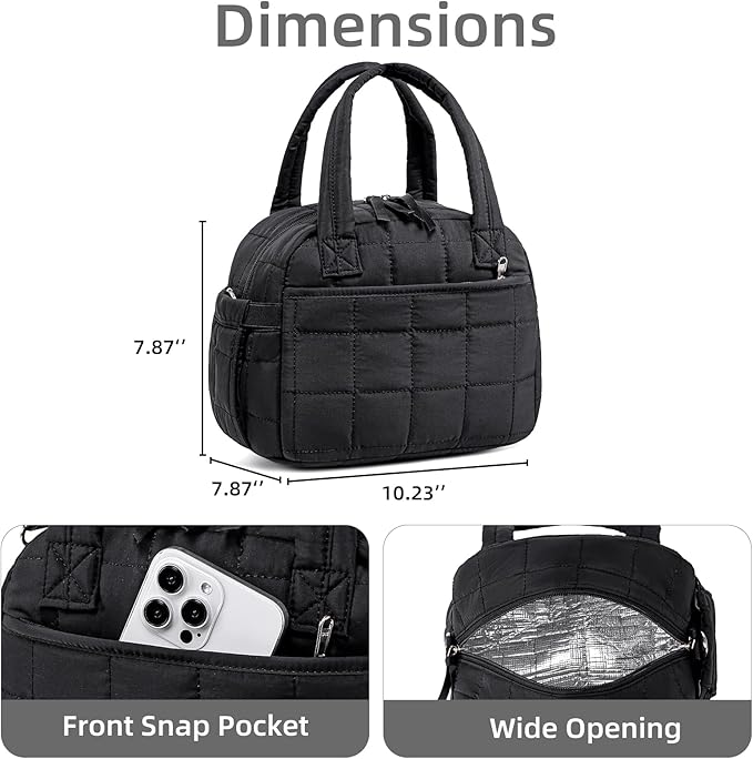 LEDAOU Lunch Box for Women Lunch bag Quilted Puffer Lunch Box with Adjustable Strap Insulated Reusable Lunch Tote for Work School Picnic Travel