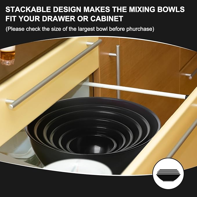 Plastic Mixing Bowls with Lids Set for Kitchen, Nesting Bowls for Mixing, Baking, Prepping, Cooking and Serving Food, Mixing Bowls Dishwasher, Microwave Safe (Black)