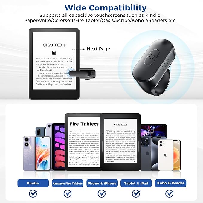 [Thick Case Friendly] Page Turner Ring Remote for Kindle Paperwhite Fire HD Tablet, Works with Thick Case, Ereader Clicker Accessories Compatible with Colorsoft Scrible iPad, Reading in Bed Gifts