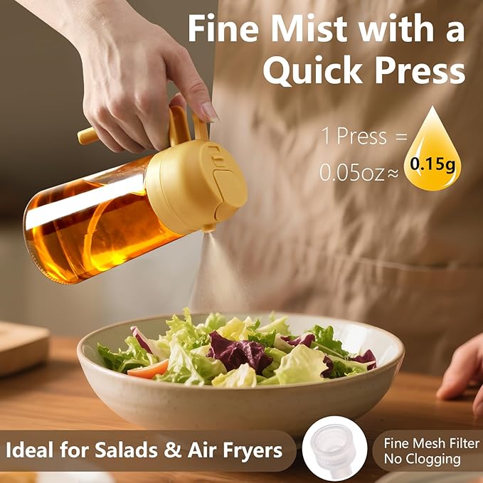 Oil Sprayer for Cooking, 16oz/470ml 2 In 1 Glass Olive Oil Sprayr & pourer for Kitchen, Air Fryer, Cooking, Salad, BBQ (Yellow)