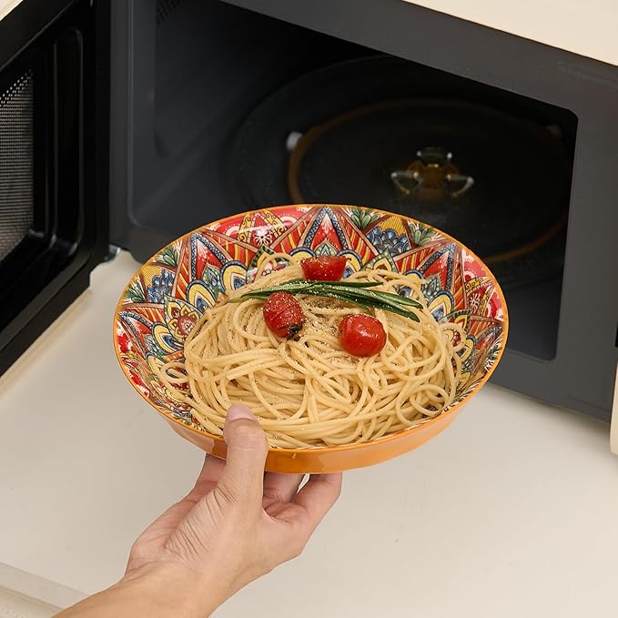 Ceramic Pasta Bowls Set of 6-8 inch 32 oz Serving Bowls, Colorful Dinner Bowls for Soup,Salad, and Pasta, Kitchen, Microwave, Dishwasher Safe, mexican, Bohemian Style