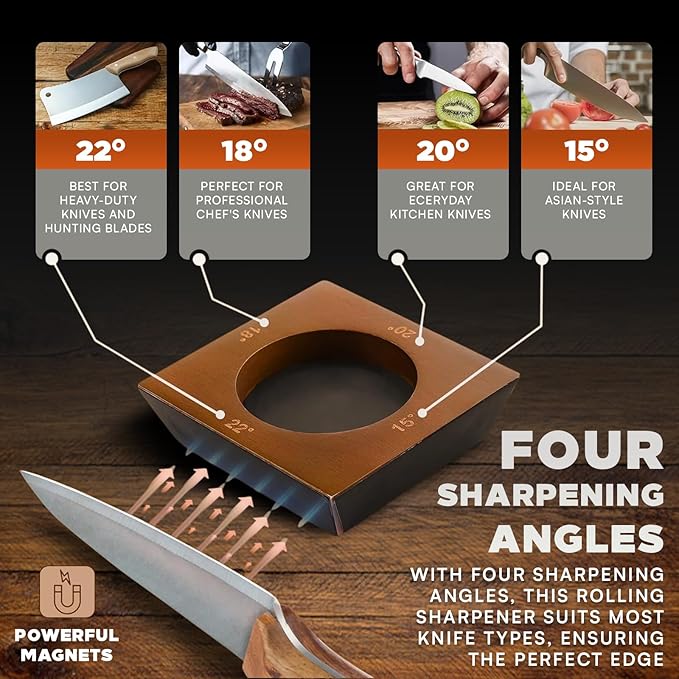 Rolling Knife Sharpener Kit, Ergonomic Cylindrical Design, Heavy Dutty 600,1000 Daimond & 6000 Grit Replacement Disc, 4 Precision Angles, Knife Sharpening Kit for All Kind of Knives