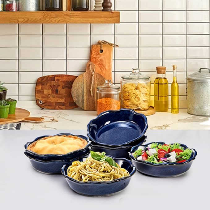 Peohud 6 Pack Ceramic Mini Pie Pans, 6 Inch Small Blue Pie Plate, 12 Oz Individual Pie Dish, Round Pot Pie Baking Dishes with Ruffled Edge for Dessert, Apple Pie, Microwave, Oven Safe