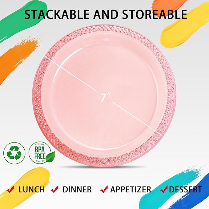 WELLIFE Neon Red Party Plates 7 Inch -150 Count, Translucent Red Plastic Disposable Dessert Plates for New YearFluorescent Neon Theme Party Cake Salad Appetizers Easter Mother's Day