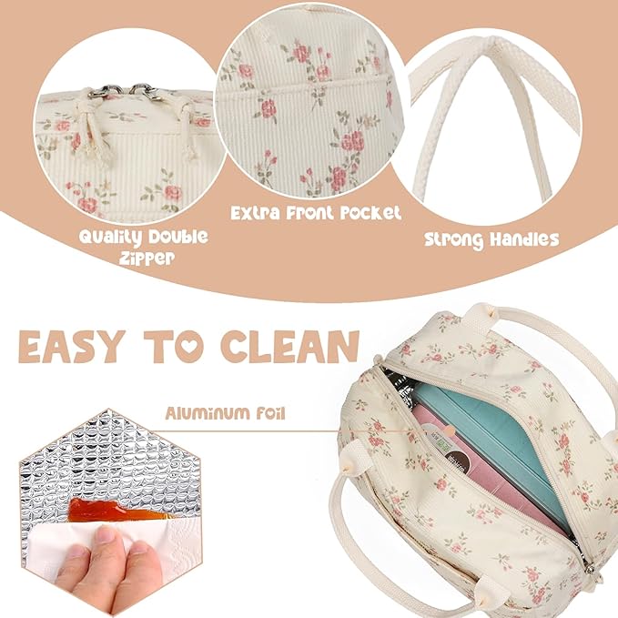 Bluboon Lunch Bag for Women Men Cute Corduroy Lunch Tote Bags Reusable Insulated Lunch Box Large Capacity Reusable Insulated Cooler for Work Picnic or Travel