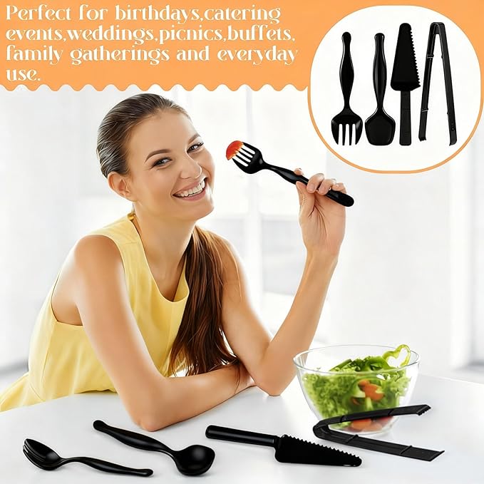 50 Pcs Disposable Plastic Serving Utensils Set Include 8.5'' Serving Spoons Forks 9'' Tongs and Knives for Birthday Party Buffet Dinner Food Salad Utensils Christmas (Black)
