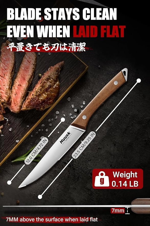 Huusk Steak Knives Set of 6 with Drawer Organizer-4.5 in Japanese Serrated Steak Knife Set with Block, Serrated & Straight Dual-Edge, Stainless Steel Steaks Knives with Holder, Christmas Gifts for Men
